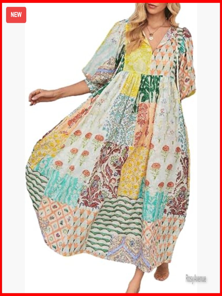 Boho Floral Maxi Dress V-Neck Lantern Sleeves Pockets Swing Fit Summer